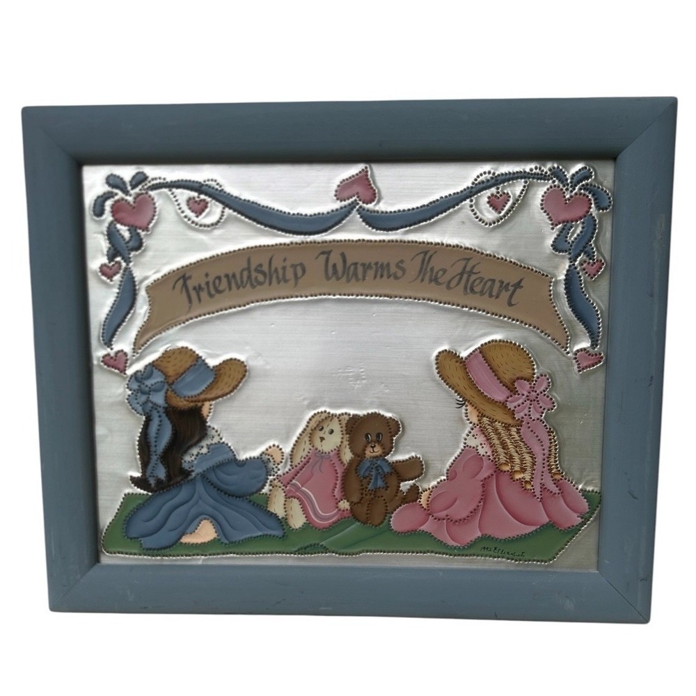 Vintage 1992 Hand Painted Tin Punched Girls Rabbit Bear Picture Signed Framed - Picture 2 of 14